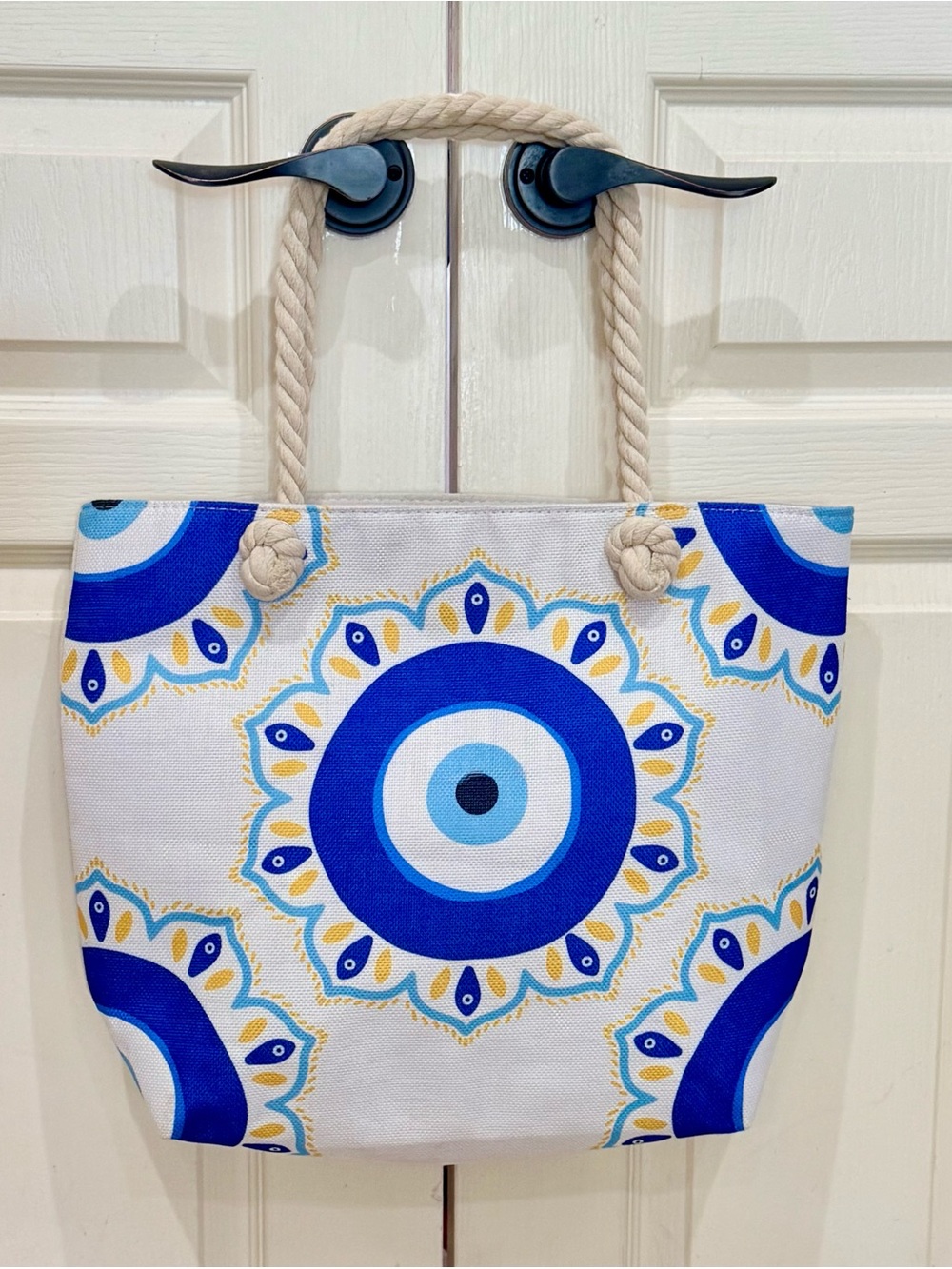 Boho Blue Evil Eye Mandala Canvas Beach Tote Bag Rope Handles BRAND NEW
